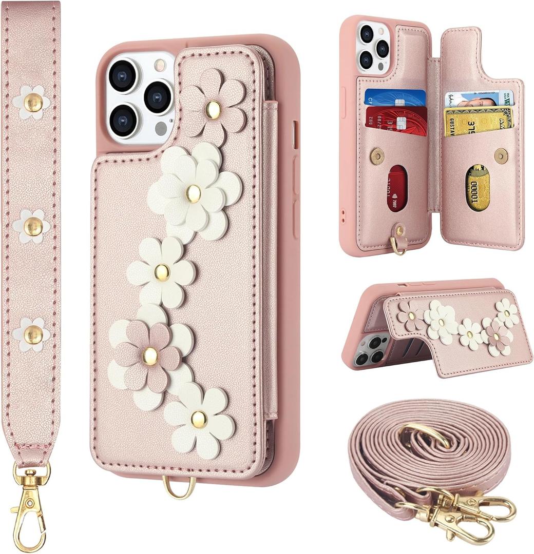 Compatible with iPhone 13 Pro Wallet Case with Card Holder for Women, Kickstand, Crossbody Lanyard, Wrist Strap Flower Leather Flip Cover Designed for iPhone 13 Pro 6.1", Rose Gold