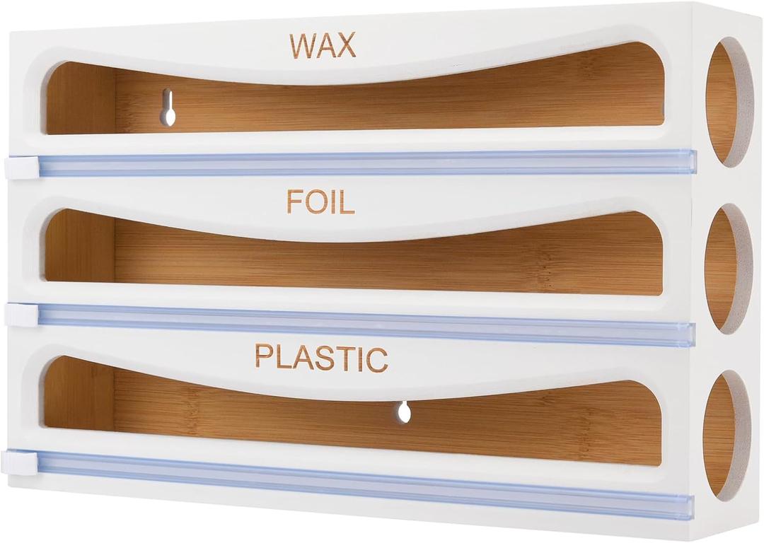 Cozee Bay Bamboo Wrap Dispenser with Cutter, Plastic Wrap Organizer, Aluminum Foil Organization, and Wax Paper Dispenser Holder for Kitchen Drawer and Wall, Compatible with 12" Roll (02 White)