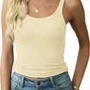 Artfish Women's Spaghetti Strap Ribbed Tank Top Fitted Workout Racerback Scoop Neck Basic Cami Shirts (Beige, M)