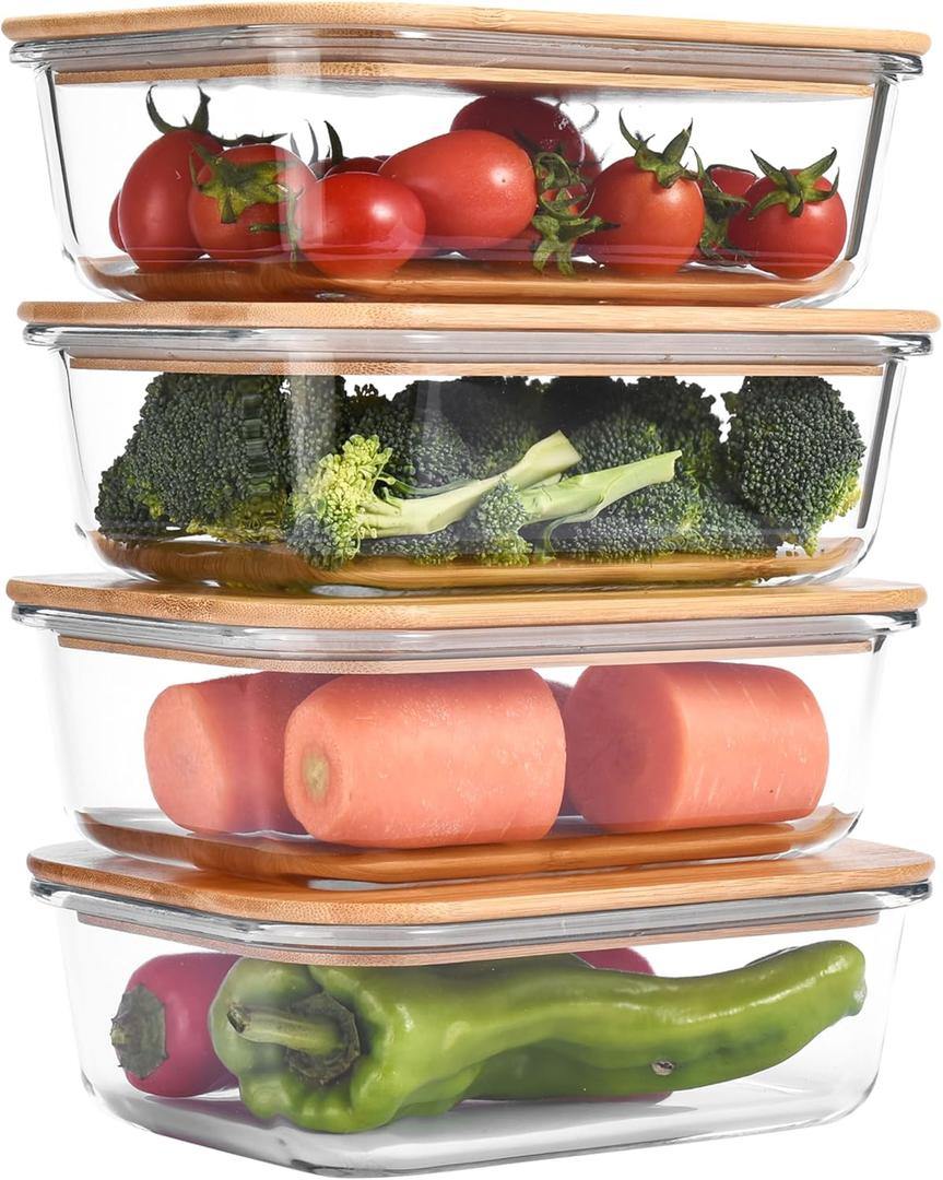 Vdomus Glass Food Storage Containers with Bamboo Lids 36.0oz/1.0L - Stackable Meal Prep Container - Airtight Glass Food Containers - Microwave, Dishwasher Safe - Reusable Lunchbox (Pack of 4)