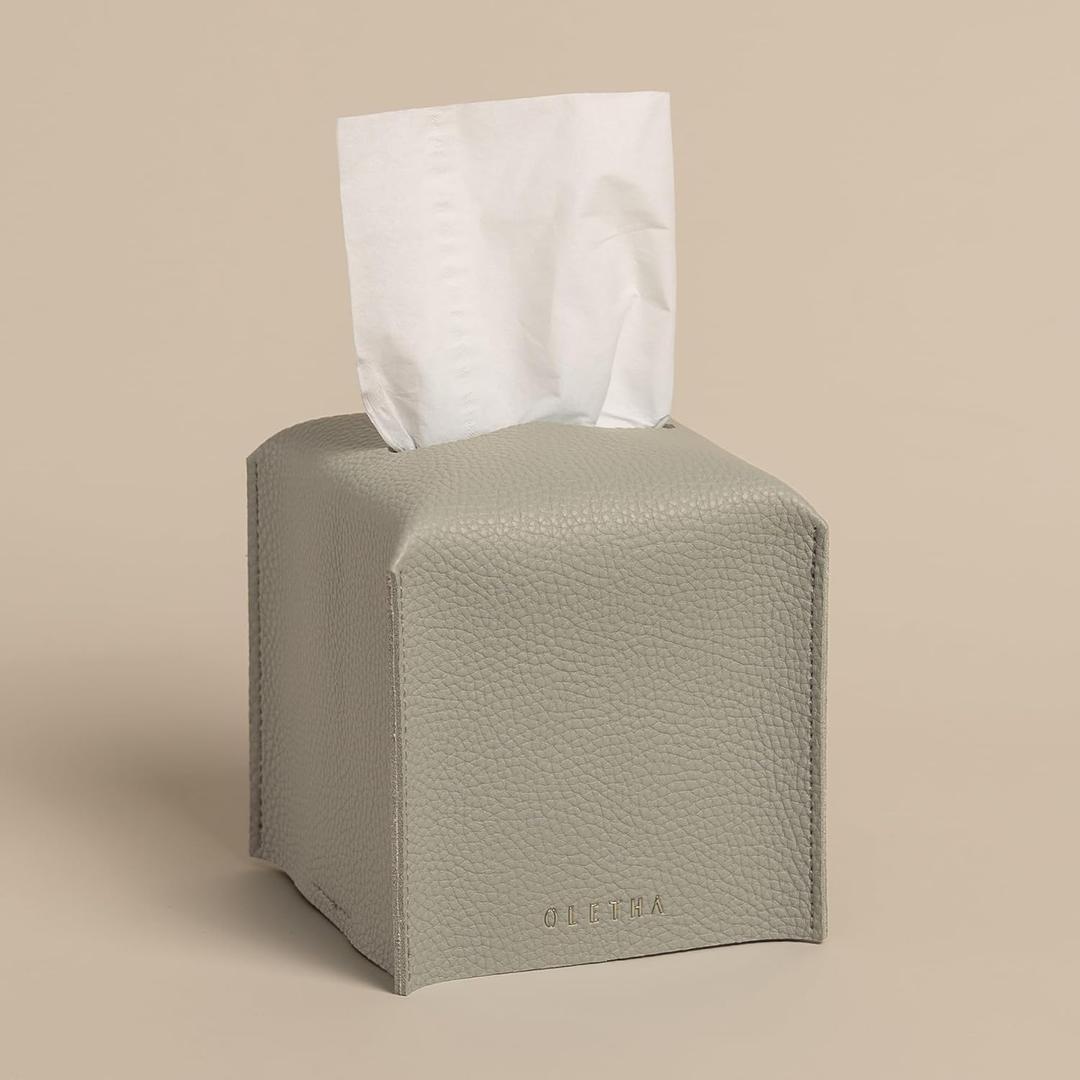 OLETHA Square Tissue Box Cover - Aesthetic Desk Decor for Room, Home & Office - Tissues Cube Boxes Holder - Pastel Gray, Set of 2