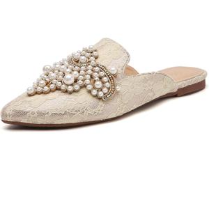 Tilocow Pearl Decor Mules for Women Flats Pointed Toe Backless Flat Slip On Slides Women's Mule Shoes (7, Beige Lace)