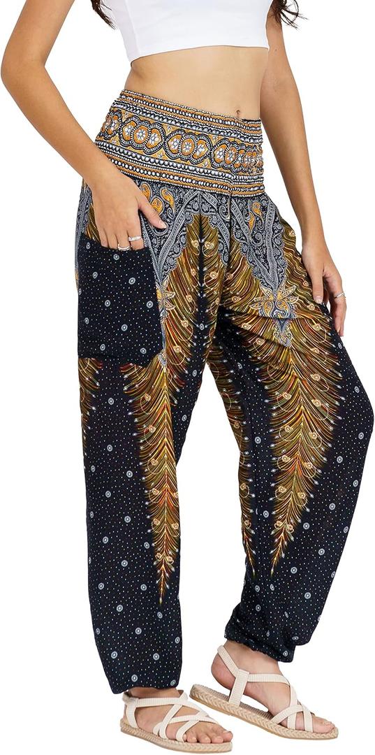 LOFBAZ Harem Yoga Pants for Women Hippie Boho PJs Lounge Beach Print Plus (Medium, Peacock 1 Black)
