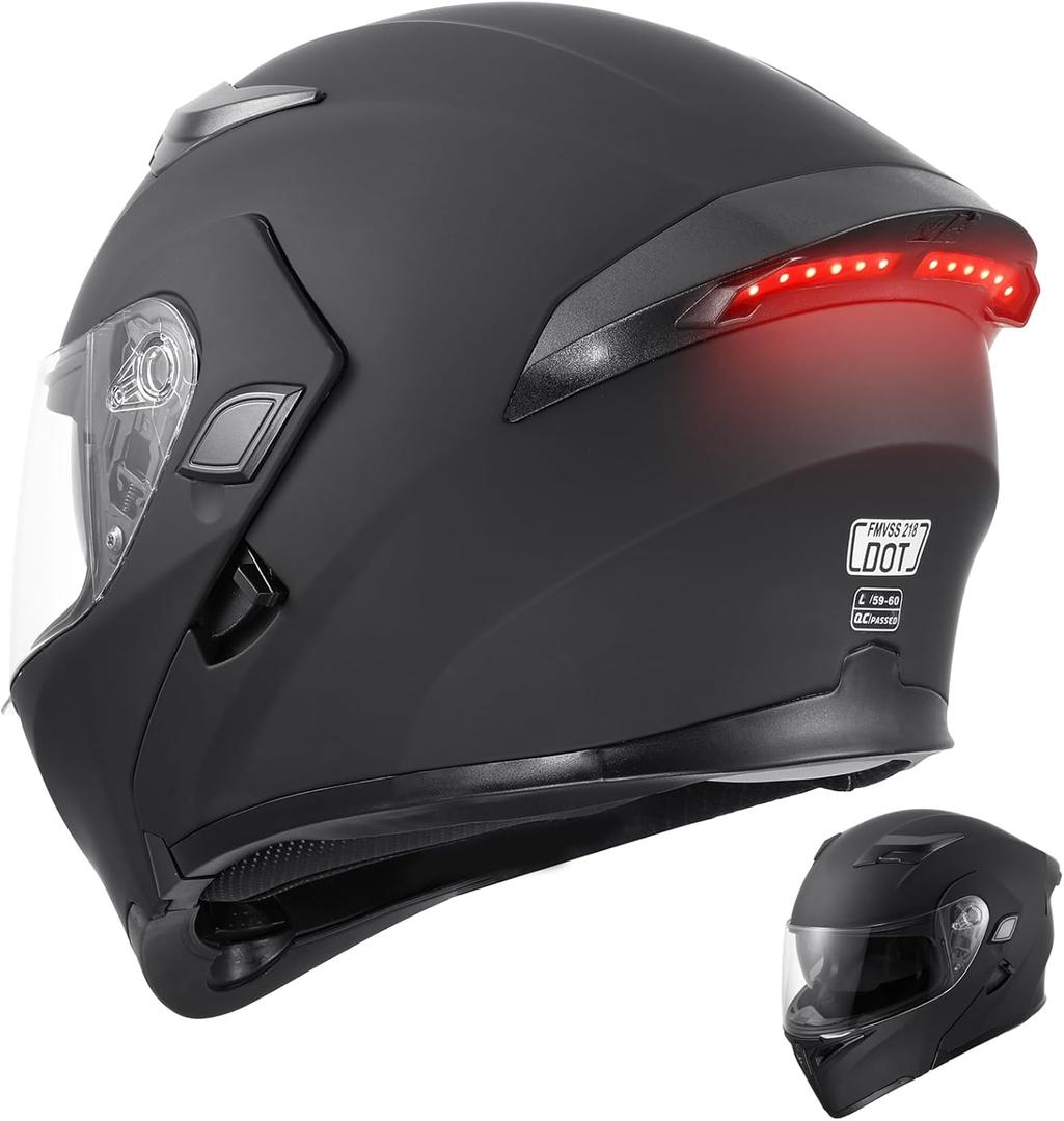 DOT Modular Motorcycle Full Face Helmet Flip-Up Dual Visor, Lightweight & DOT Approved, Matte Black (Large, Modular Helmet With Rear LED Lights)