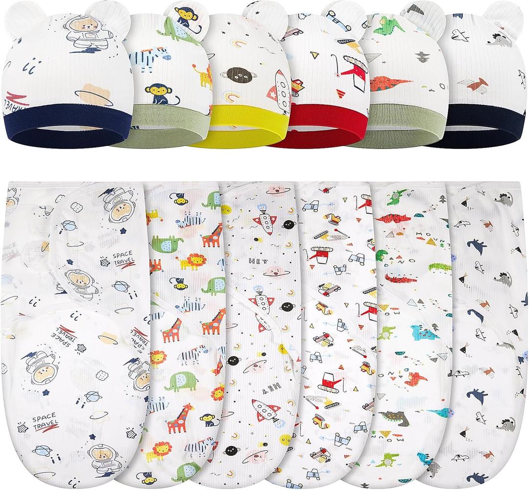 Ramede 6 Pack Baby Swaddle Blanket with Hats Sleep Swaddle for 0-3 Months Newborn Sacks Soft Cotton Wearable for Boy Girl (Colorful)