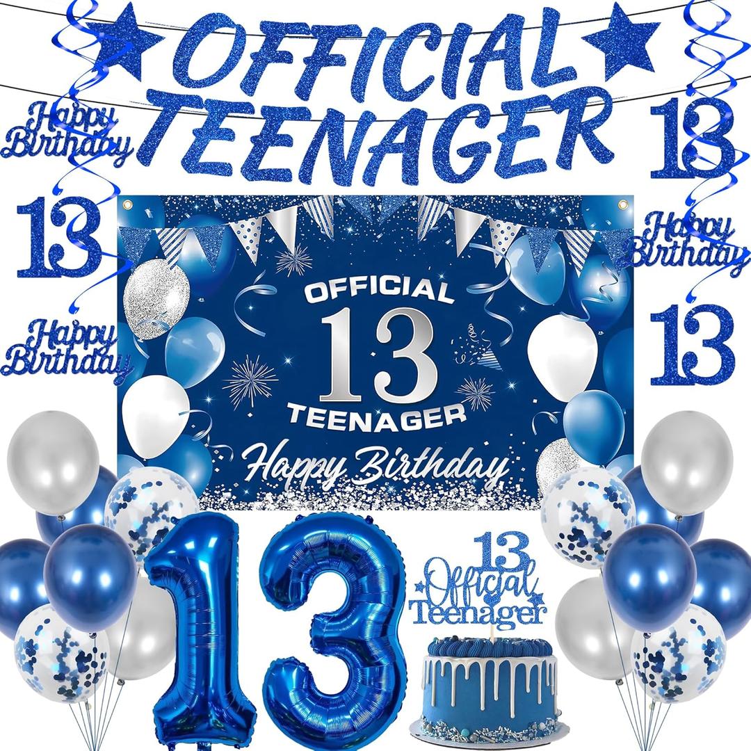 13th Birthday Decorations Balloons Boys - 25 Pcs Navy Blue Balloon Banner Number 13 Hanging Swirls Backdrop Cloth Cake Topper Official Teenager Party Supplies For 13 Year Old Boy Birthday Party