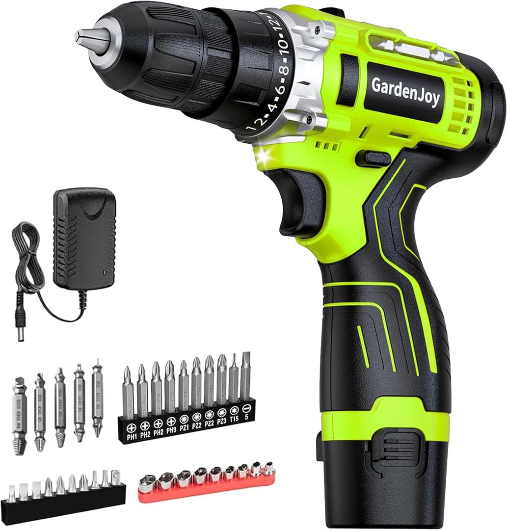 GardenJoy Cordless Power Drill Set: 12V Electric Drill with Battery and Charger, 42pcs Acessories, 3/8"Keyless Chuck, 2 Variable Speed, 24+1 Position, Compact Drill Driver Kit for Home & DIY Project