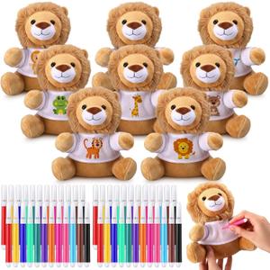 64 Pcs Make Your Own Stuffed Animal Lion Kit Including 6 Inches Soft Lion Plush with White T Shirt and 12 Colors Pens for Birthday Favors Forest Party Crafting Gifts