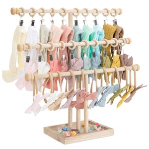 POVETIRE Headband Holder Stand Storage for Baby, 3 Tier Wooden Bow Organizer for Girls Hair Bows, Infant Hair Accessories Rack Display for Nursery Decor (Woodiness)