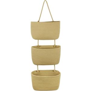 Kalakriti Over the Door Hanging Basket, 3-Tier Woven Cotton Wall-Mounted Storage Organizer Bag Decorative Kitchen Baskets, Small Planter (Beige)