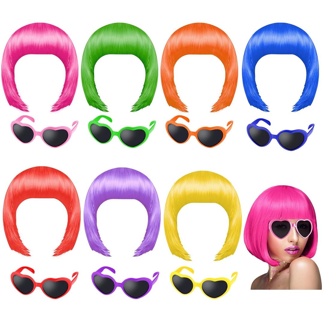 PLULON 7 Pieces Party Wigs and 7 Pieces Sunglass Set, Neon Short Bob Wig Sunglass Pack Costume Colorful Cosplay Wig Daily Party Hairpieces for Bachelorette Neon Party Favors, Halloween and Decorations
