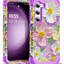 SleekCover for Galaxy S24 Plus Case,3 in 1 Oil Painting Flower Pattern Heavy Duty Shockproof Protection Silicone Rubber Bumper+Hard Plastic Protective Cover for Samsung S24 Plus 6.7",Purple/Pink