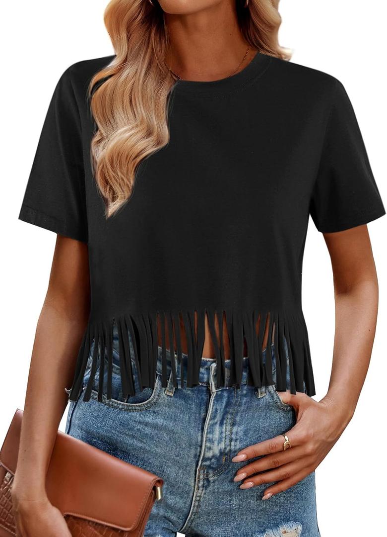 Remidoo Fringe Tops for Women Short Sleeve Crop Top T Shirt Western Cowgirl Cropped Tee (Black, S)