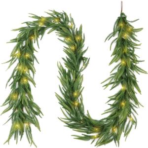 Pre-lit 9ft Christmas Garland with Lights, Real Touch Norfolk Pine Garland for Decoration Christmas, Mantle,Outdoor,Stairs Railing,Wall,Table,IndoorBattery Operated