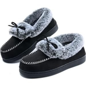 DL Womens Fuzzy Warm Moccasin Slippers Memory Foam, Soft Fluffy Women's Winter House Slipper Closed Back Fur Lined, Cozy Ladies Suede Indoor Bedroom Houseshoes Non-Slip, 8