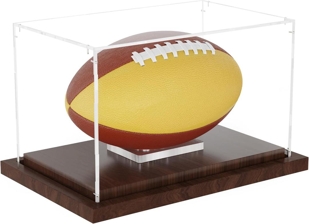 Football Display Case with Wood Base, Acrylic Football Case Display Clear Box with Removable Built-in Ball Holder for Autographed Footballs, Sports Collectibles, Memorabilia Displays