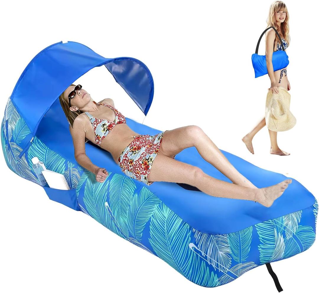 RZM Inflatable Lounger Air Sofa with Sunshade - Portable Waterproof Outdoor Couch for Camping, Beach, Hiking & Music Festivals - Quick Setup Lightweight Furniture w/Carry Bag (Clear Blue) (Blue)