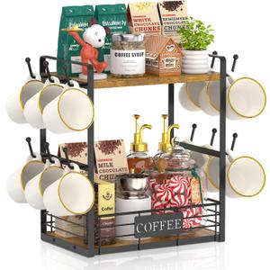 EsLuker.ly Coffee Mug Cup Holder Tree Bar Station Organizer, 2 Tier Mug Stand Rack for Countertop Kitchen, Storage Tower Display Shelf with 12 Hooks, Coffee Nook Enhancer, Vintage Brown Black