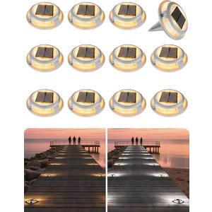 VOLISUN Solar Driveway & Deck Lights 12 Pack Waterproof Dock & Marine Ground Lights,2-in-1 Warm White & White LED,Solar Marker for Pathways,Steps,and Warning Signs,Auto On/Off