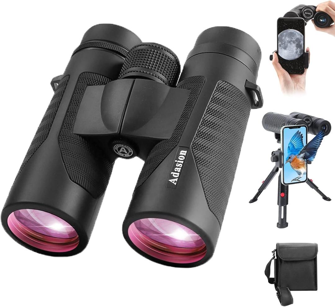 12x42 HD Binoculars for Adults High Powered with Phone Adapter and Tripod, Super Bright BAK4 Prism Waterproof Binoculars for Bird Watching Hunting Hiking Safari Travel Sports (Black/)
