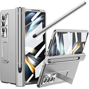 for Samsung Galaxy Z Fold 4 Case with S Pen & Pen Holder, [Hinge Protection] [Built-in Screen Protector] [Kickstand Feature] All-Inclusive Slim PC Phone Case Cover for Z Fold 4 2022 - Silver