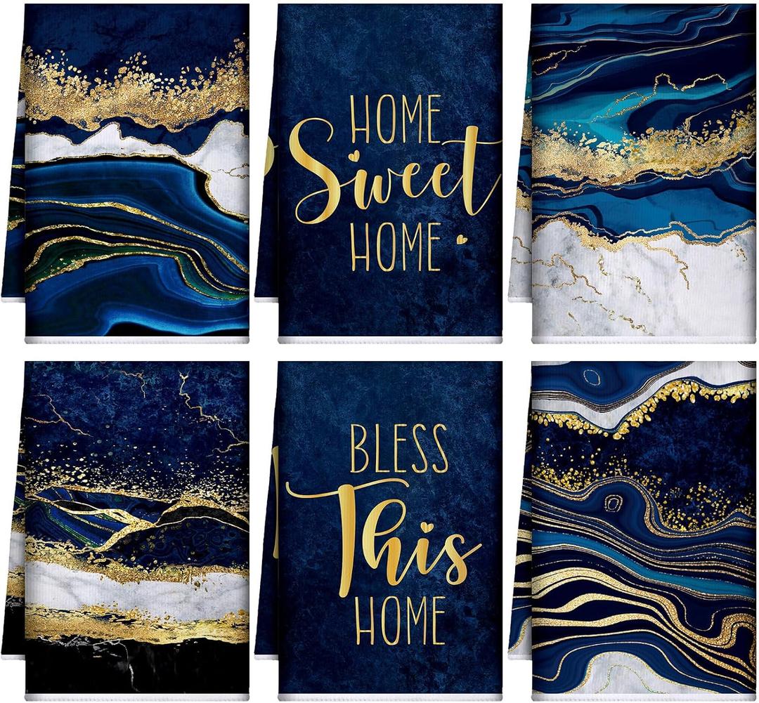 Bencailor 6 Pcs Blue and Gold Kitchen Towels Marble Dish Hand Towels Farmhouse Absorbent Tea Washcloths for Bathroom Kitchen Decor Winter Decorations Gifts 24 x 16''