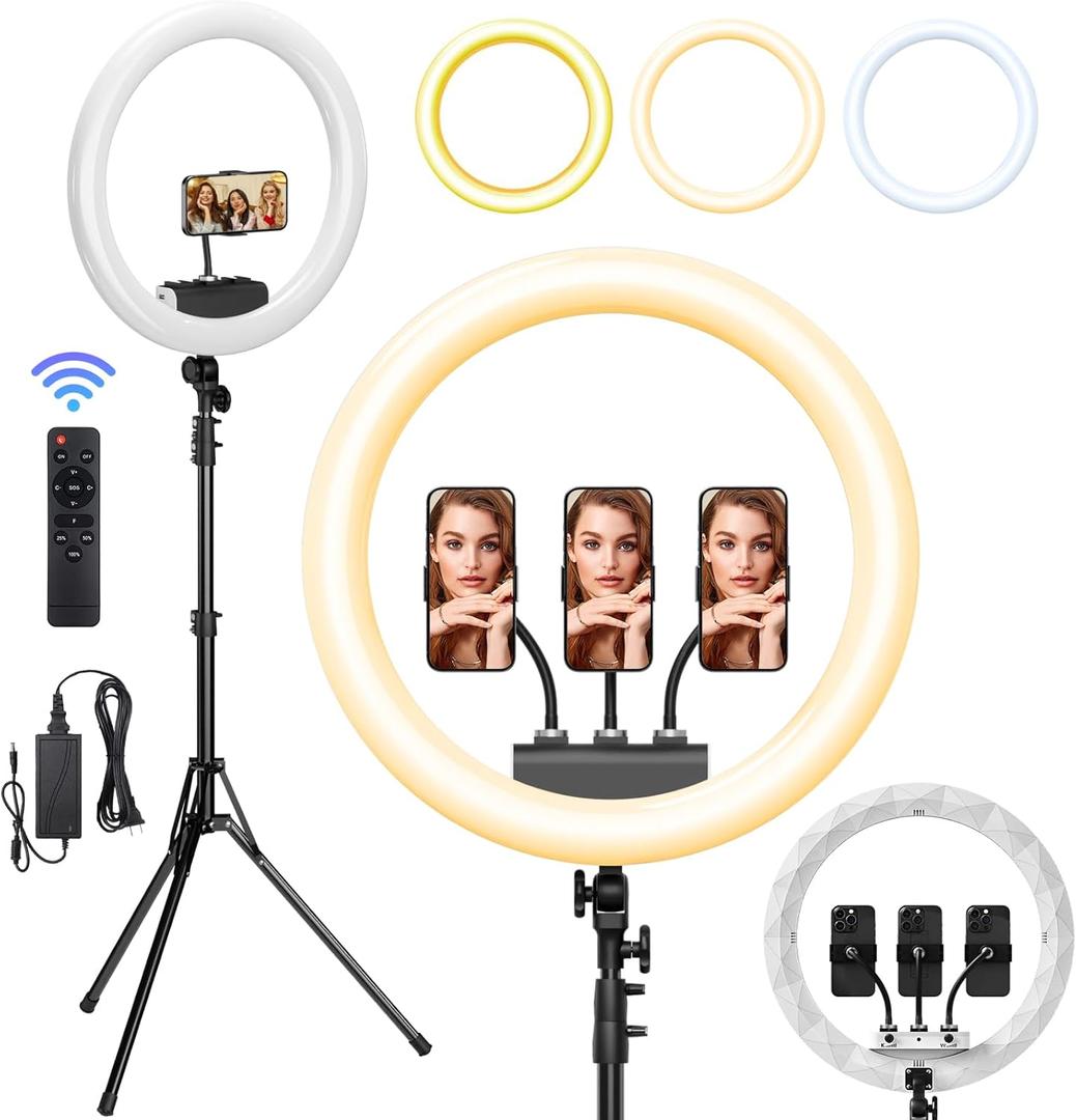 Ring Light with Stand, 19in LED Selfie Circle Light, Max 8ft/2.5m Tripod Stand, 3 Holders for iPhone, Remote Control, 6300K Color Temperature for Live Streaming, Barber, Makeup, YouTube, Tiktok (White)
