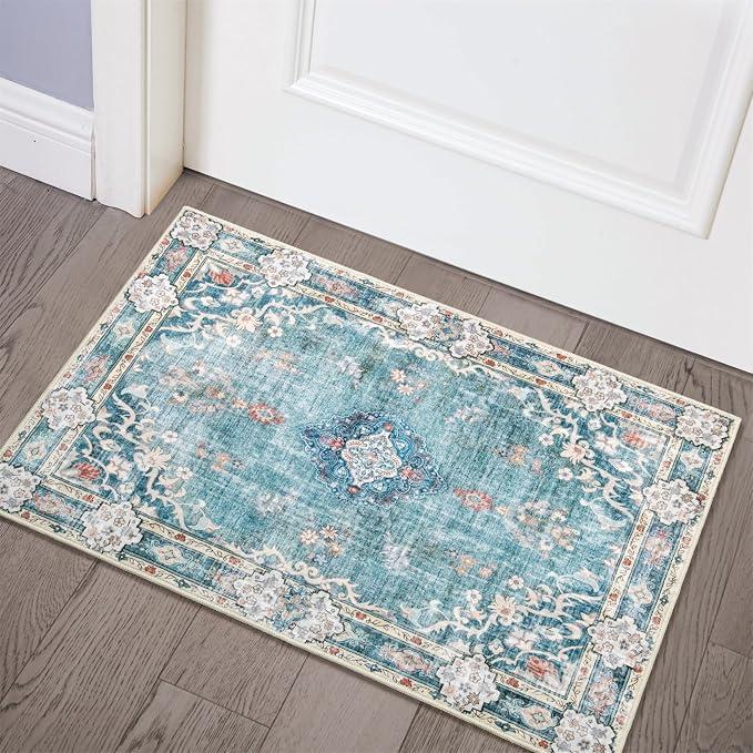 MUJOO Teal Area Rug Small Washable Rugs Non Slip Low-Pile 2'x3' Flowers Machine Washable Throw Carpet for Entryway Kitchen Bathroom Bedroom Boho Soft Indoor Vintage Floral Blue Colorful, Size: 2' x 3' (Rectangular)
