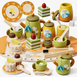 Wooden Tea Set for Toddlers, Pretend Play Tea Party Toys Age 3-5 Kids Girls & Boys Gift