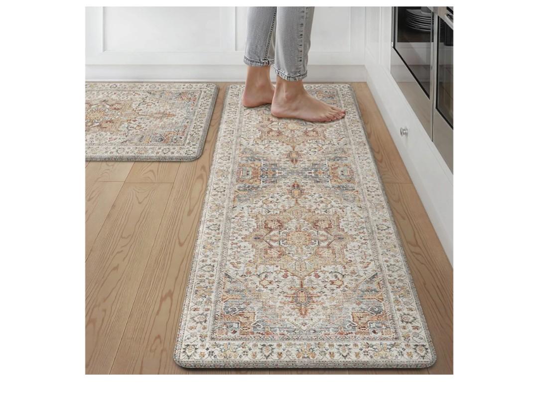 GENIMO Kitchen Mats for Floor, 2PCS Kitchen Rugs Non Slip Washable, Waterproof Anti Fatigue Mat, Comfort Standing Runner Rug for Sink, Office, Laundry, Home, 17.3"x47"+17.3"x30", Orange&Brown