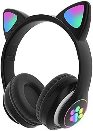 Kids Bluetooth Wireless Over-Ear Cat Ear Headphones with Microphone for Kids Teens Adults (Black)