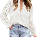 ZESICA Women's Casual Blouse Tops Puff Long Sleeve Button V Neck Hollow Out Eyelet Lace Embroidered Shirt Dressy (White) Small