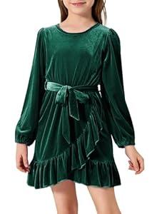 blibean Tween Girls Velvet Fall Dresses Teen Kids Long Sleeve Velour Outfits Semi Formal Flannel Casual Party Clothes Size 12-13 Years Old Deep Green