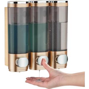 pollock Shampoo Conditioner Dispenser Shower Soap Dispenser 3 Chamber No Drill Shampoo Dispenser for Shower Wall Mounted Shampoo Conditioner Body Wash Dispenser for Bathroom Hotel Gold