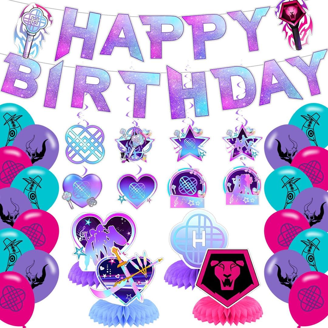 Hunter of Demon Birthday Decoration ,Kpop Hunter Party Supplies Include Banner, Swirls, Table Centerpieces,Latex Balloons for Fans Party Supplies