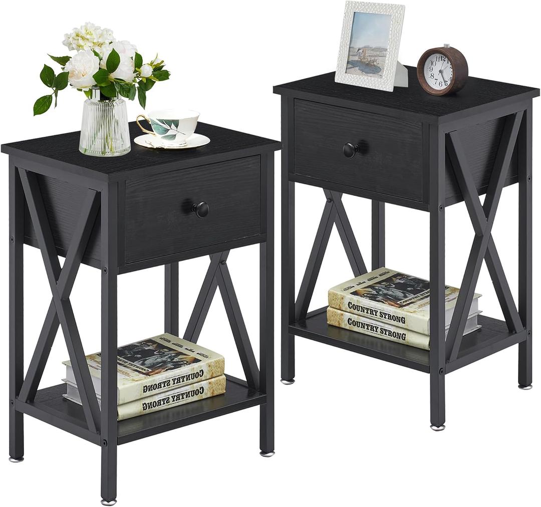 VECELO End Tables, Modern Nightstand with Drawer & Shelf, Night Stand for Bedroom Living Room, Industrial Metal Frame, Black