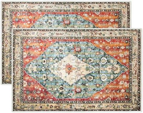 2 Pcs Washable Indoor Doormat 18" x 30" Non Slip Retro Floor Mat Area Rug Absorbent Entrance Rug Distressed, Accent Throw Rug for Bedroom Kitchen Entryway Bathroom (Tribal)