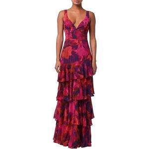 Lulus Imogen Tiered Chiffon Maxi Dress for Women, Plunging LaceUp Back Cocktail Long Formal Dress Garden Party Dress,M