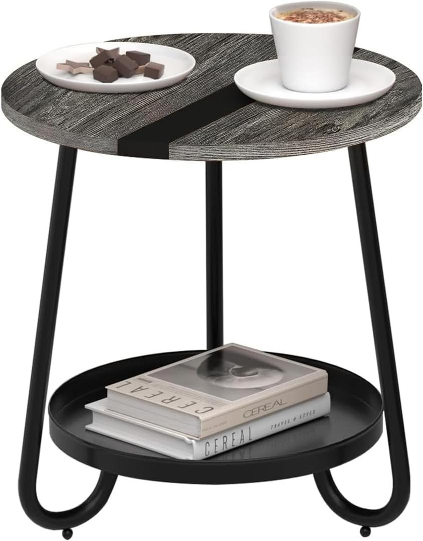 2 Tier Coffee Table in Living Room, Industrial Style Round Coffee Table with Metal Tray, Wood Small Outdoor Coffee Table for Bedroom Balcony Patio, Gray (Grey)