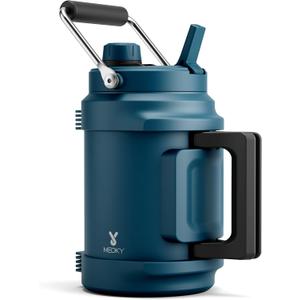 64 oz Insulated Water Bottle for Gym: Meoky Triple Wall Vacuum Stainless Steel Half Gallon Water Jug - Top and Side Handles, 2-in-1 Straw and Spout Lid, Cold for 36 Hrs, Leak Proof for Camping (Denim)