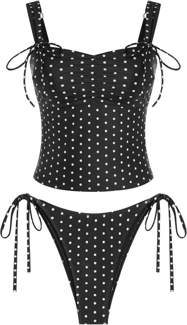 ZAFUL Women's Gingham Ruched Bowknot Decor Cinched Back Tankini Set Tummy Control 2 Piece Bikini Swimsuits (Medium)