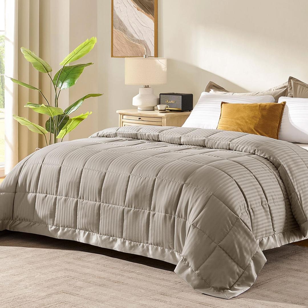 downluxe Queen Size Blanket with Satin Trim, Lightweight Down Alternative Blankets Queen Size for All Season, Machine Washable (Sand, 90x90 Inch)