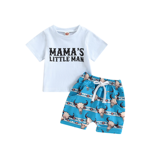 Western-Themed Clothing Set Short-Sleeve Shirt "MAMA'S LITTLE MAN" Graphic and Matching Shorts Cow Skull Print. Size 80