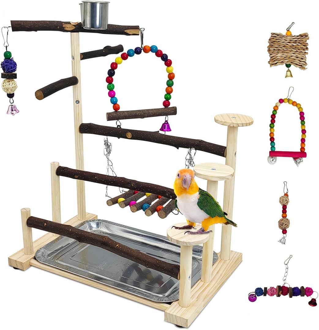 PINVNBY Bird Playground 9 PCS Parrot Perch Stand Play Gym Cockatiel Wood Bird Toys Birds Cage Accessories Playpen with Feeder Cups Hanging Swing Toys for Parakeet Conure Lovebird Cockatiel (14.76"L x 9.45"L x 17.7"H)