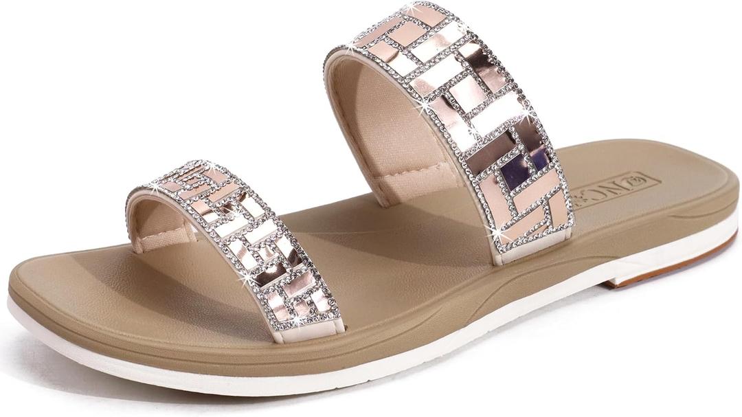 ONCAI Women's Slide Sandals Trendy Square Summer Flat Dressy Sandals for Women 2025 Cross Strappy Open Split-Toe Ring with Slip-on Rubber Soles (Beige)