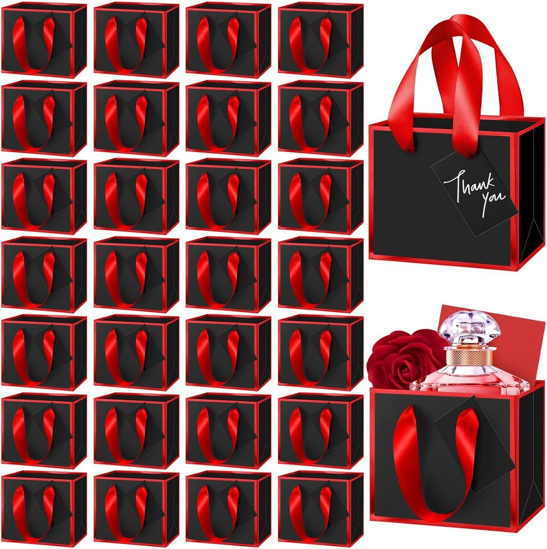 Yeaqee 50 Pcs Mini Metallic Paper Gift Bags with Handle 4x4.75x2.2'' Small Gift Bag DIY Tag Thank You Party Favor for Mother's Day Wedding Graduation Baby Shower Birthday Jewelry (Black,Red)