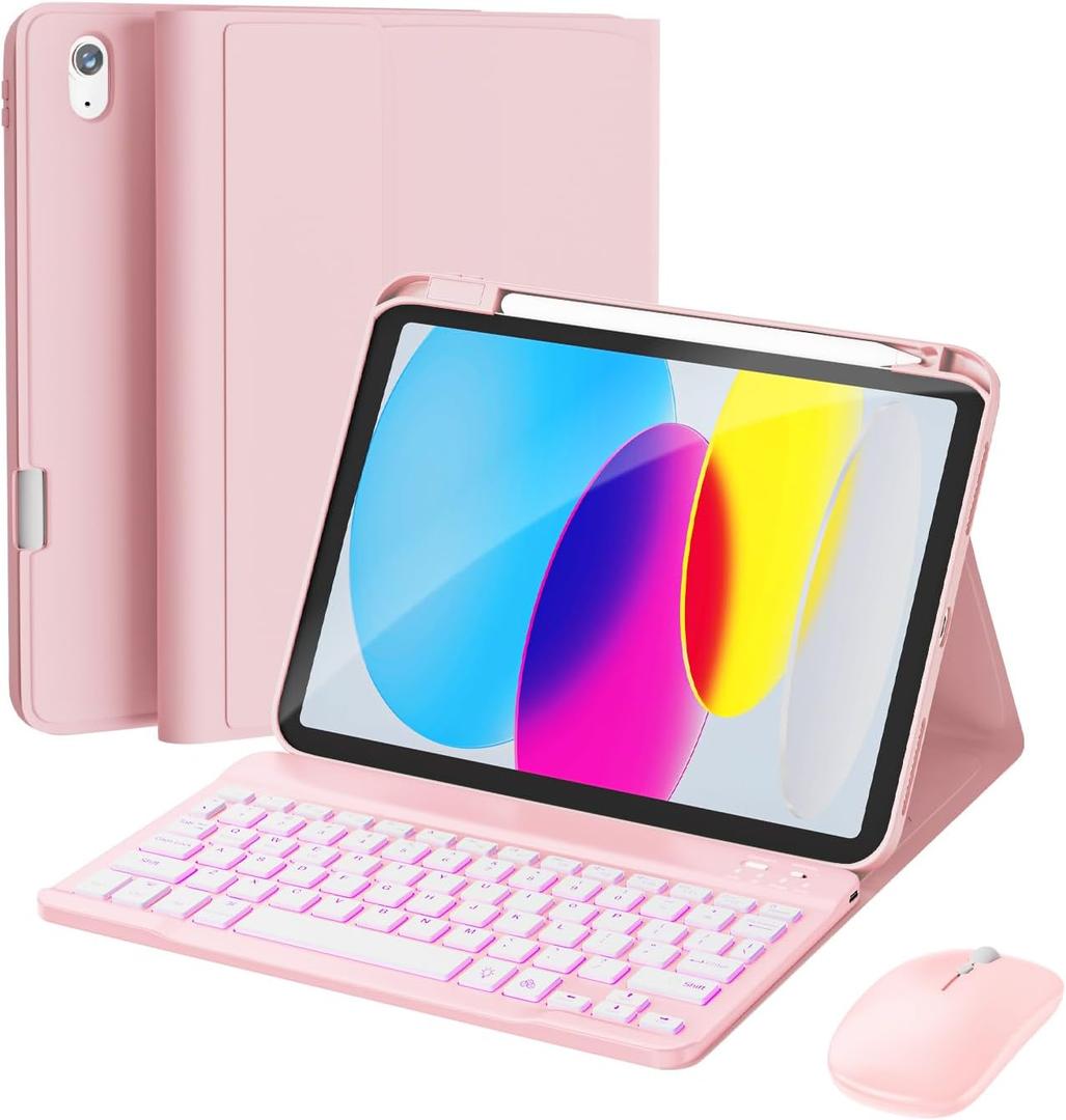 for iPad 11th (A16, 2025) / 10th Generation Case with Keyboard, Mouse and Detachable Wireless Keyboard, 7-Color Backlight, Slim Case with Pencil Holder, Light Pink
