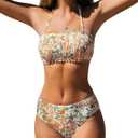 CUPSHE Bikini Set for Women Two Piece Swimsuit Bandeau Top Back Tie Mid Waisted Bottom with Removable Shoulder Straps (Small, Multicolor)