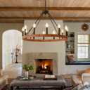 Wood-Grain Wagon Wheel Chandelier 32-Inch Modern Farmhouse Chandelier, 12-Light 32''