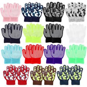 15 Pairs Kids Anti-Skid Gloves Winter Full Fingers Gloves Camouflage Knit Glove Stretch Warm Glove with Grips for Boys Girls Winter Sports Activities